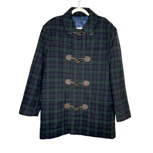 Vintage Chaps Ralph Lauren Wool Cashmere Tartan Duffle Coat Green Navy Blue 42